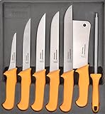 schlachtmesser für fische Aus Edelstahl (Rostfrei) - Spezielle ergonomische Griffe (Ergo-Grip = aus speziell wiederstandsfähigem Kunststoff) - 7er Set - Beständig - Nicht Spülmaschinengeeignet (manuelle Reinigung zum Schutz der Klingen empfohlen) - Zeichnet sich durch seine Schärfe und hohe Schnitthaltigkeit aus - Handgearbeitet, - Profiqualität, hygienisch ergonomisch - Messer sind bereits geschliffen - Klingen sind in Schutzhüllen verpackt