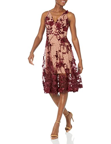 Dress the Population Women's Audrey V-Neck Lace Midi Dress, Burgundy/Nude, Small