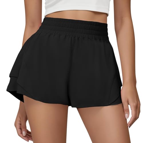 FireSwan Running Shorts for Women 2 in 1 High Waisted Quick Dry Butterfly Flowy Athletic Gym Yoga with Pockets Black Medium