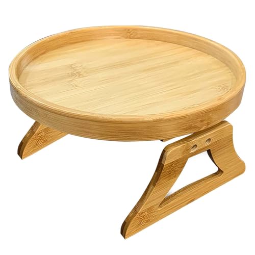 Bandeja de madera para sofá - Clip para brazo de sofá en la mesa, sofá con pinza para el brazo | Mesa de madera, superficie de 25 cm de diámetro, uso para bebidas, mandos a distancia, aperitivos