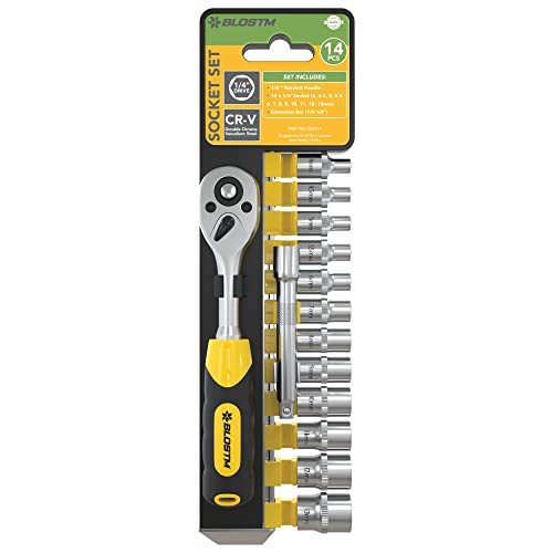 BLOSTM 14-Piece Metric Socket Set - 1/4'' Drive Socket Set (4-13mm), Quick Release Ratchet Wrench with 1/4 x 3” Extension Bar, Made of Durable Chrome Vanadium Steel - 14 PCS