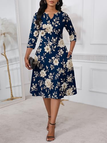 Image of PinkPatty Women's Casual 3 /4 Sleeve Midi Dresses Fit and Flare Church Work Dress with Pockets