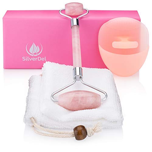 Anti Aging Facial Massage Therapy Kit – 3pc Genuine Pink Rose Quartz Dual Sided Face Roller Facial Massager Tool Set with Silicone Cleansing Brush & Pouch by SilverDel