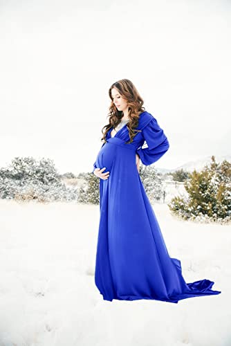 Dedysler Maternity Photo Shoot Dress Long Sleeve Maxi Maternity Gown Side Splits Baby Shower Photoshoot Dresses For Photography (Royal M) #TOP6