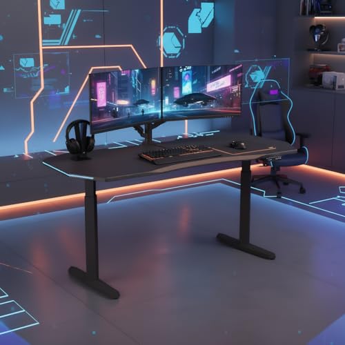 Image of HUANUO Standing Desk with LED Strip, 63 inch x 31.5 inch Height Adjustable RGB Gaming Desk, Large Dual-Motor Electric Sit Stand Desk, Sturdy Steel Frame, Modern E-Sports Workstation,for Home Office,Black