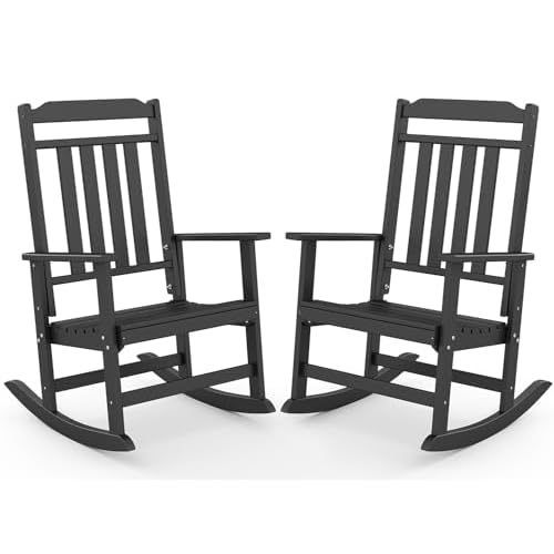 GREENVINES Outdoor-Rocking-Chairs-Set-of-2 | HDPE Plastic | Patio Rockers | Porch Rocker Chair | Oversized | High Back | Big & Tall | Black Black 2PCS