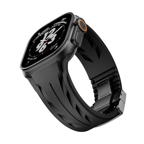 FKM Watch Band F10 - Premium Rubber Strap for Apple Watch Compatible with iWatch Ultra 3 / Ultra2/Series 10 9 8 7 (44mm 45mm 46mm 49mm) , Sport bands with Folding buckle, Rugged Heavy Duty Modern (006Black-b, 42mm/44mm/45mm/46mm/49mm) by Unfettered - Used condition - Image 4