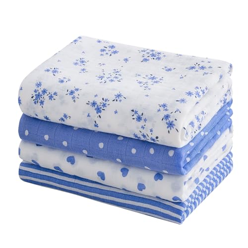 Image of Viviland Muslin Swaddle Blanket, Baby Swaddle Blanket for Boys & Girls, Nursery Receiving Blanket for Newborn, Baby Swaddle Wrap Soft Silky & Breathable, 4 Packs, 47 X 47In, Blue Floral