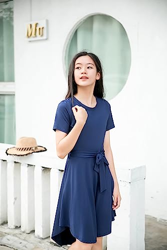 Meiludi Girl's Casual Knit Short Sleeve Dress Solid Color Crew Neck Maxi Dresses With Pockets 4-14 Years (2351#, 12_Years, Dark Blue) #TOP3