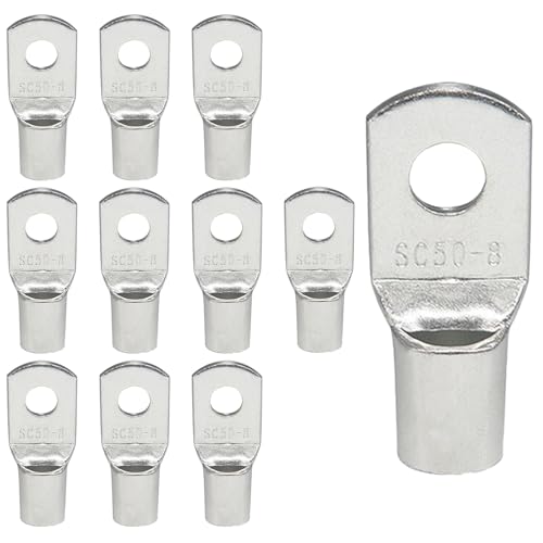 10 Pièces Cosses de Câble - Cosse Tubulaire 50mm² & Cosse Annelée M8 en Cuivre Épais Zingué, Pour installations électriques industrielles et automobiles, Non isolées(Argenté, SC50-8)