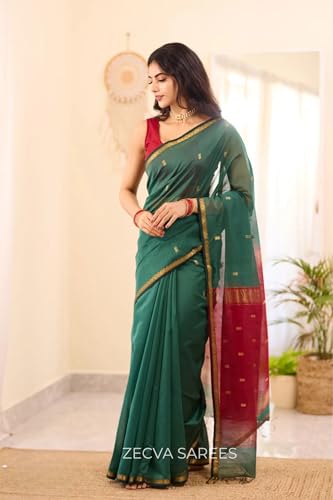 Image of ZECVA Women's Pure Soft Spun Cotton Lichi Silk Saree For Women With Attach Unstitch Blouse Piece