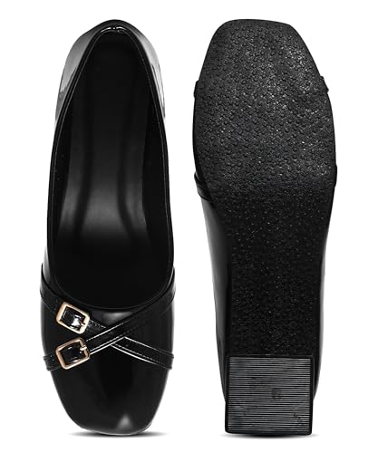 Image of JM LOOKS Elegant Double Buckle Block Heels with Glossy Patent Finish and Sophisticated Low Heel for Daily Comfort