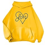 Valentinstag Hoodies für Damen Trendiger Druck Pullover-Tops Lange Ärmel Ästhetisch Zwanglos Kapuzenpulli mit Kängurutasche Yellow Small