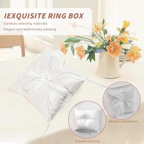 mimzemamz Ringkissen Hochzeit Ringhalter Kissen, Weiß Brautkissen Träger Ringschachtel 15x15cm Ringkästchen Ringschatulle mit Satinband für Eheringe