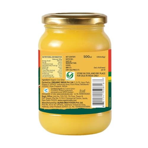 Image of Organic India Pure Cow Ghee, 500ml | Labs Tested on 250+ Parameters | Certified Organic | Glass Bottle | Sourced from Organically Fed Cows | Authentic Taste, Rich in Healthy Fat (Pack of 2)