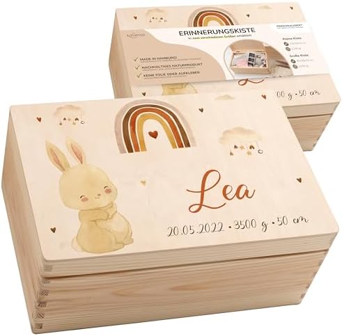 KIDSMOOD Baby Erinnerungsbox Personalisiert - Handgefertigte Holzkiste Mit Deckel