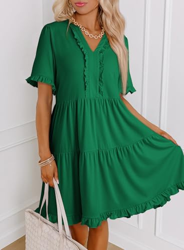 Dokotoo Womens Dresses 2025 Summer Spring V Neck Short Sleeve Casual A Line Flowy Swing Shift Dress Mini Dress - Image 4