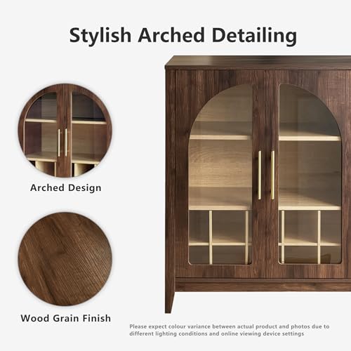 FORTUNETEC Wine Bar Cabinet with Glass Doors, 31.5\" Liquor Cabinet with Wine and Glass Rack, Mid Century Modern Sideboard Buffet Cabinet with Storage for Living Room Kitchen Dining Room, Walnut - Thumbnail 3