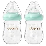Oberni Anti-Colic Glass Baby Bottles with Slow Flow Breast-Like Silicone Teat, 150ml, 0+ Months, Wide-Neck, Blue/2Pack