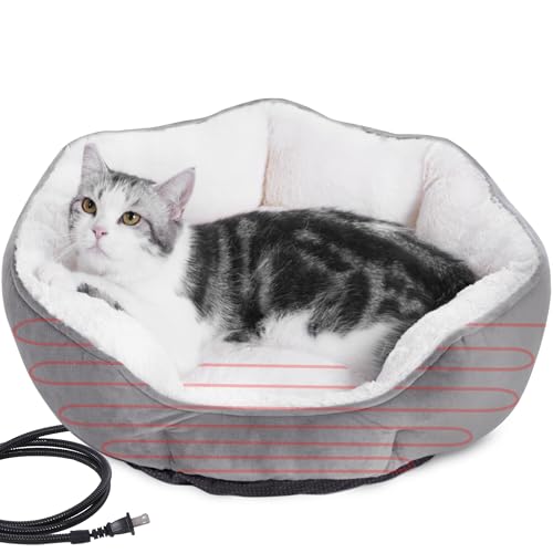 Heated Cat Bed Indoor for Cats & Small Dogs - Winter Warm Plush Round Pets Heating Bed, Ultra-Soft...