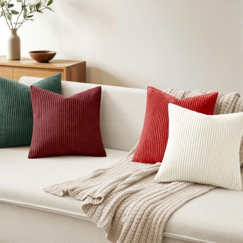 Image of MIULEE Corduroy Decorative Throw Pillow Covers Christmas Red White 18x18 | Set of 4, Mordern Christmas Decor, Classic Red White Green Set, Boho Farmhouse Cushion Covers for Couch Bed Sofa Living Room