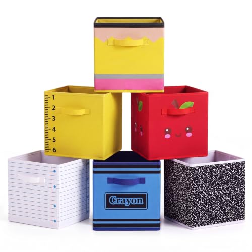 Mifoci 6 Pcs 11 Inch Fabric Storage Bins Colorful Pencil Crayon Foldable Baskets with Handle Notebook Collapsible Cubby Bins for Back to School Classroom Home School Organization(Colorful)