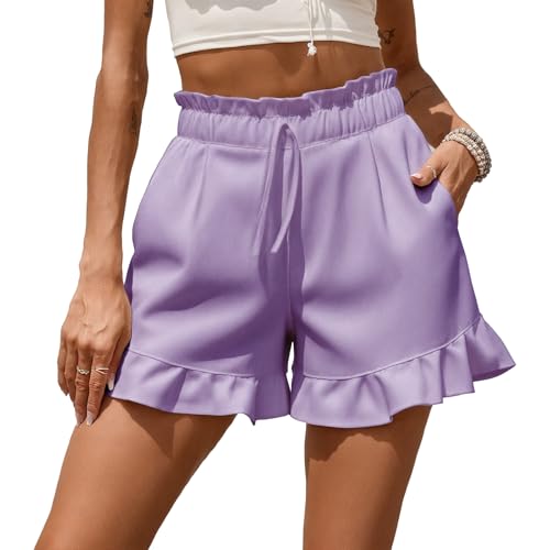 Trendy Shorts for Women Summer Casual Cute Ruffled Soild Color Elastic High Waist Lounge Pants with Pockets