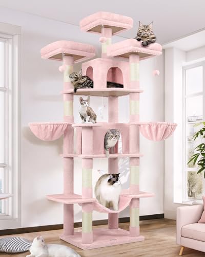 Image of Globlazer Big Pink Cat Tower for Indoor Cats, 80inch Cat Tower for Multiple Adult Cats XXL Cat Tree with Scratching Post, Hammock, 3 Perches, 2 Condos, 2 Hanging Basket, F80, Pink