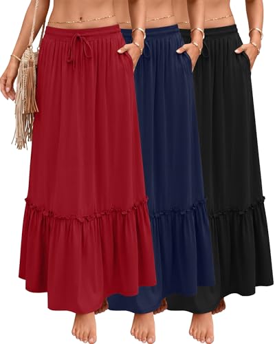 Ficerd 3 Pack Boho Maxi Skirts for Women with Pockets 3Color XXL