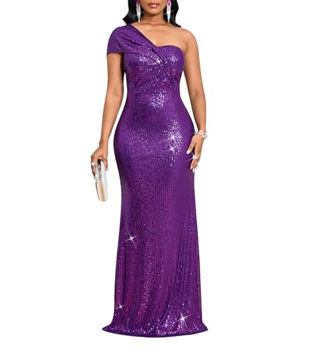 Image of Cololura Women Sexy Sequin One Shoulder Mermaid Formal Party Cocktail Gowns Bodycon Evening Maxi Dress