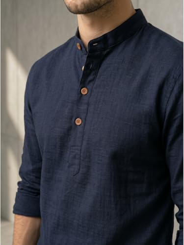 Image of Zombom Men's Solid Cotton Polyester Blend Casual Regular Fit Mandarin /Chinese Collor Full Sleeve Kurta Shirt for Men
