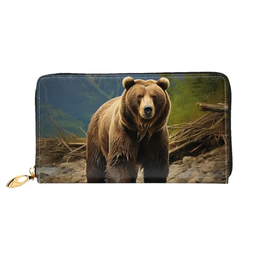 Brown Bear Women Wallets Leather Zip Around Clutch Purses Waterproof Credit Card Holder With Phone Holder Ladies Travel Coin Purse