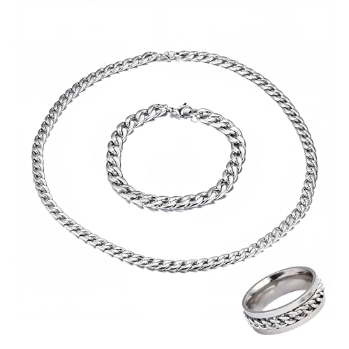 VYNZOR Ensemble de 3 bijoux Collier et Bracelet en Acier Inoxydable, chaîne pour Hommes en Argent, garçons, Ensemble Collier et Bracelet de 8 mm de Large,...