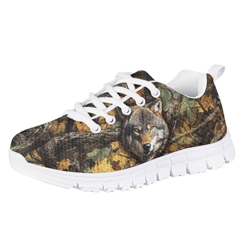 teeinprint Tenis de correr para niños, transpirables, con cordones, ligeros, antideslizantes, para niños pequeños y grandes, Wolf Camo Hunting, 33 EU