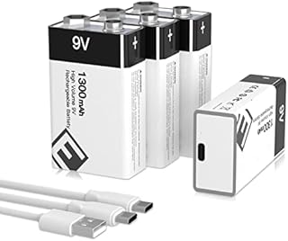 4 x 1300mAh USB Rechargeable 9 Volt battery lithium-ion (High Capacity Up to 1500+ Cycles)+Charging Cable for Smoke Detectors, Gas Stove, Flashlights, Guitar, Keyboard, Multimeter More
