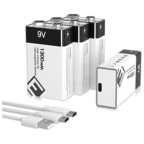 4 x 1300mAh USB Rechargeable 9 Volt battery lithium-ion (High Capacity Up to 1500+ Cycles)+Charging Cable for Smoke Detectors, Gas Stove, Flashlights, Guitar, Keyboard, Multimeter More Cover