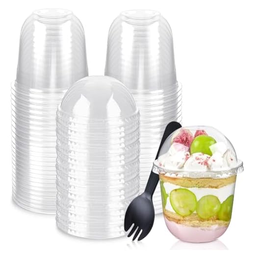 TOFLEN 50Sets 12 oz Clear Plastic Parfait Cups with Dome Lids No Hole and Sporks Disposable Party Serving Cups for Desserts, Yogurt Parfait, Fruit, Ice Cream, No Leaking To-Go Breakfast Snack Cups