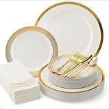 By Madee HEAVYWEIGHT 175 Pc Plastic White Plates with Gold Trim | Elegant Disposable Dinnerware Set with Cutlery and Luxe Napkins | Perfect for Wedding, Bridal Shower, Baby Shower (25 Guests)