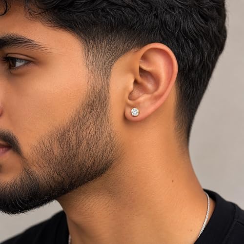 Image of VAMA FASHIONS 5mm 18K Gold Plated Anti Tarnish White Stone Round Shape Piercing Cartilage Ear Studs Lightweight Hypoallergenic Stud Earrings for Men & Boys