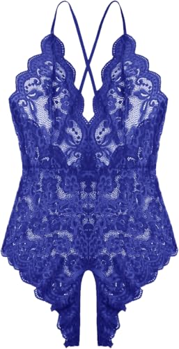 Lahaima Women One Piece Lingerie Sexy Teddy V Neck Bodysuit Lace Nightie (Blue, XX-Large)