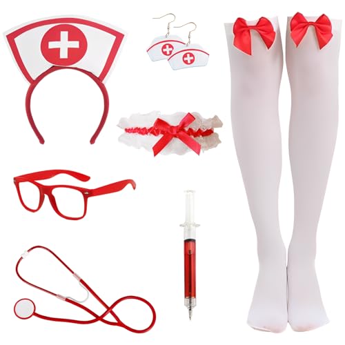 Halloween Kostüm Damen Krankenschwester Set (Kopfband, Strümpfe Mit Schleifen, Brille, Ohrringe, Strumpfband, Stethoskop & Spritzen-Stift), Sexy...