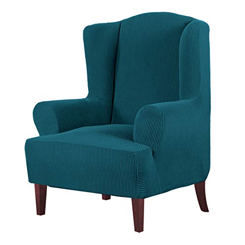 High Stretch Wingback Chair Slipcover Wing Chair Covers Wingback Chair Covers Wing Chair Slipcovers Furniture Covers for Wingback Chairs, Soft Thick Small Checked Jacquard Fabric, Deep Teal