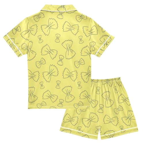 Satin Pajama Sets Short Sleeve Bow Tie Pasta Yellow Pattern Button Down Silky Nightwear 2 Piece PJS 5-14Y2