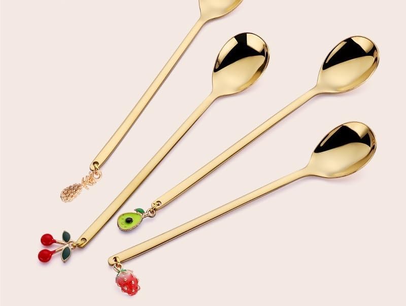 Silverware Flatware Set, 4/16/24/32/40/48pcs Creative Fruit Hanging Spoon 304 Stainless Steel Coffee Spoon Tableware Set(Gold,12Set-48Pcs)