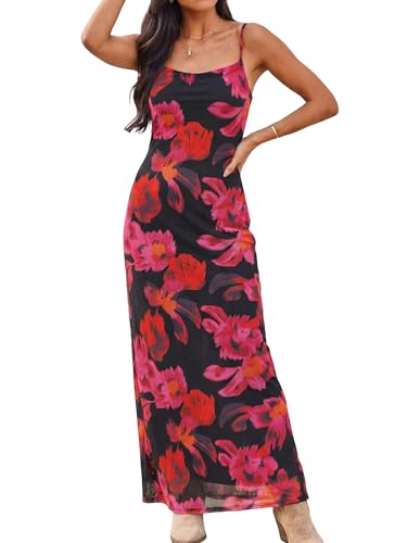 ZAFUL Womens Summer Floral Maxi Dress Spaghetti Strap Mesh Stretch
