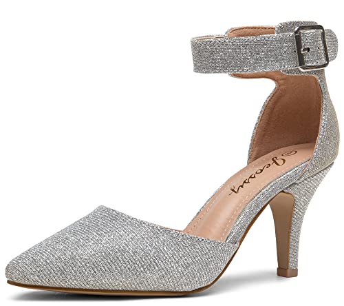 Jeossy Women's 0882 Silver Glitter Pumps For Women, Low Kitten Heels Pumps, Pointed Toe Dress Heels Closed Toe, Bridal Wedding Shoes For Women Size 9(Djy0882 Silver 09) #TOP29