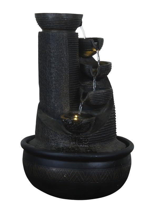 Image of Polyresin Black Designer Table Top Indoor 5 Artistic Steps Waterfall Fountain with Yellow LED Lights & Water Flow Controller Pump (Size: 41 x 25 x 25 CM | Weight: 1980 gram | Color: Black)
