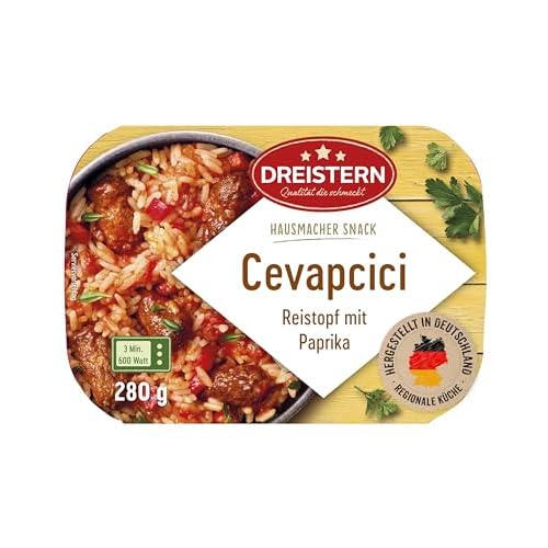DREISTERN Cevapcici 280g I Mit Paprika & Reis I Herzhaftes Fertiggericht in Mikrowellenschale I Lange Haltbarkeit dank natürlicher Konservierung I Hausmacher Qualität
