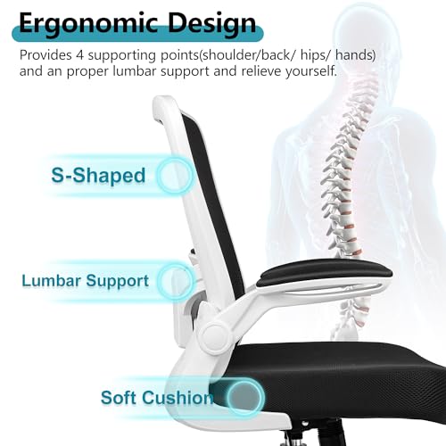 FelixKing Office Chair, Ergonomic Desk Chair Breathable Mesh Chairs Adjustable High Back Lumbar Support Flip-up Armrests, Executive Rolling Swivel Comfy Computer Chairs Home Office White