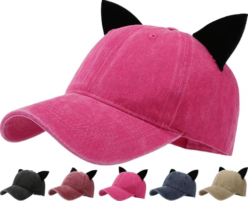 Busnos Mens Baseball Cap Funny Trucker Hats for Men Women Distressed Ponytail Hat for Women Fashionable Golf Hat Running Hats Red Cute Cat Ear Beanie